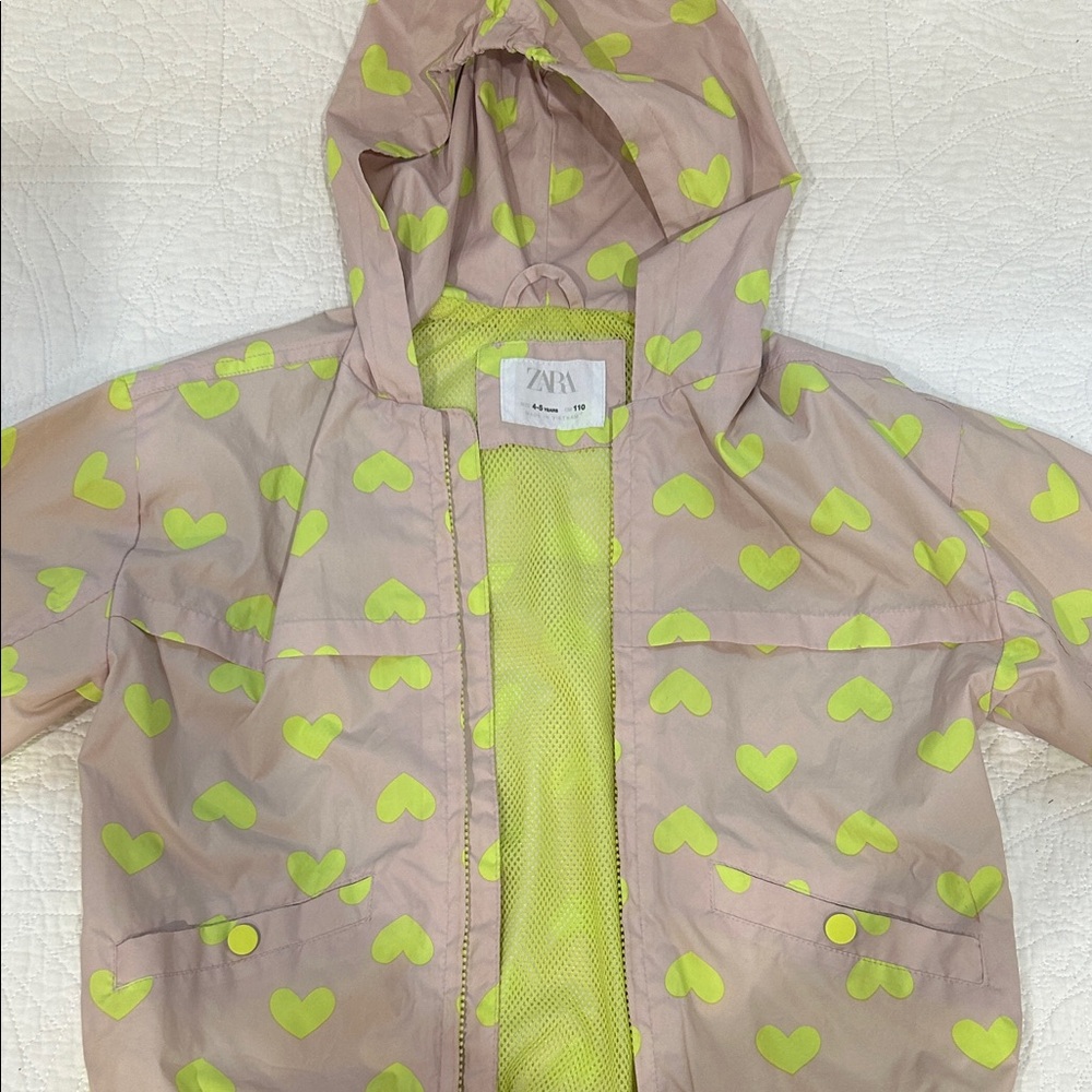 Zara nude Hooded Raincoat with Neon Yellow Heart Print